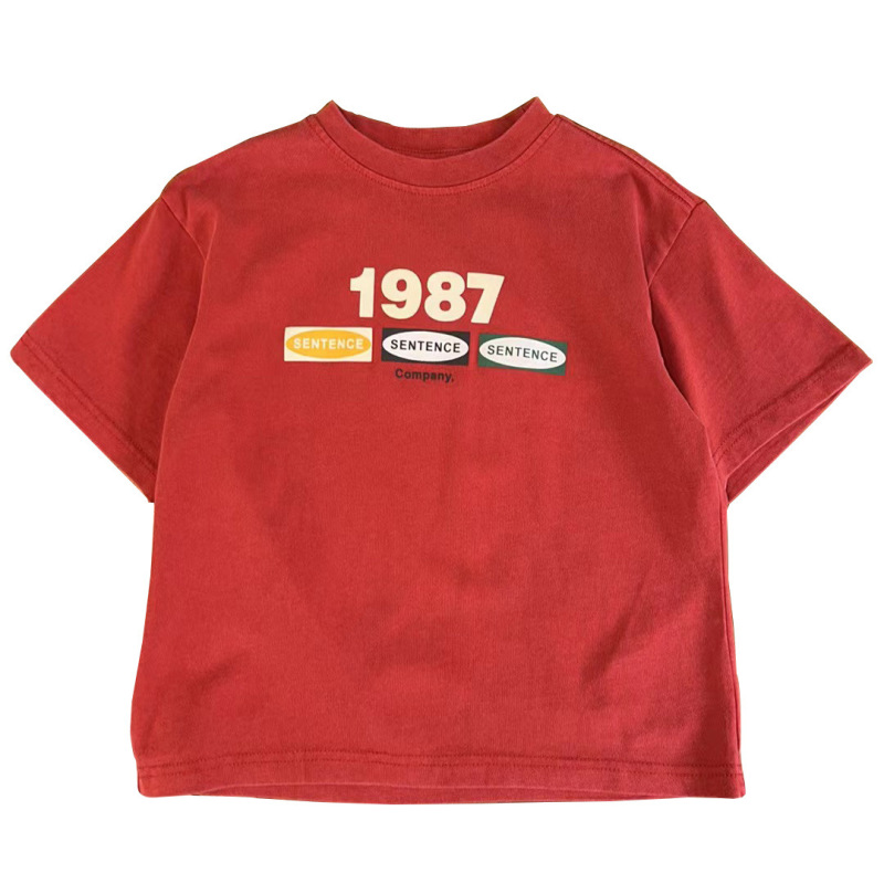 夏子供服新しい子供プリント半袖 Tシャツボーイズレターダメージレトロ半袖トップストリートファッション T|undefined