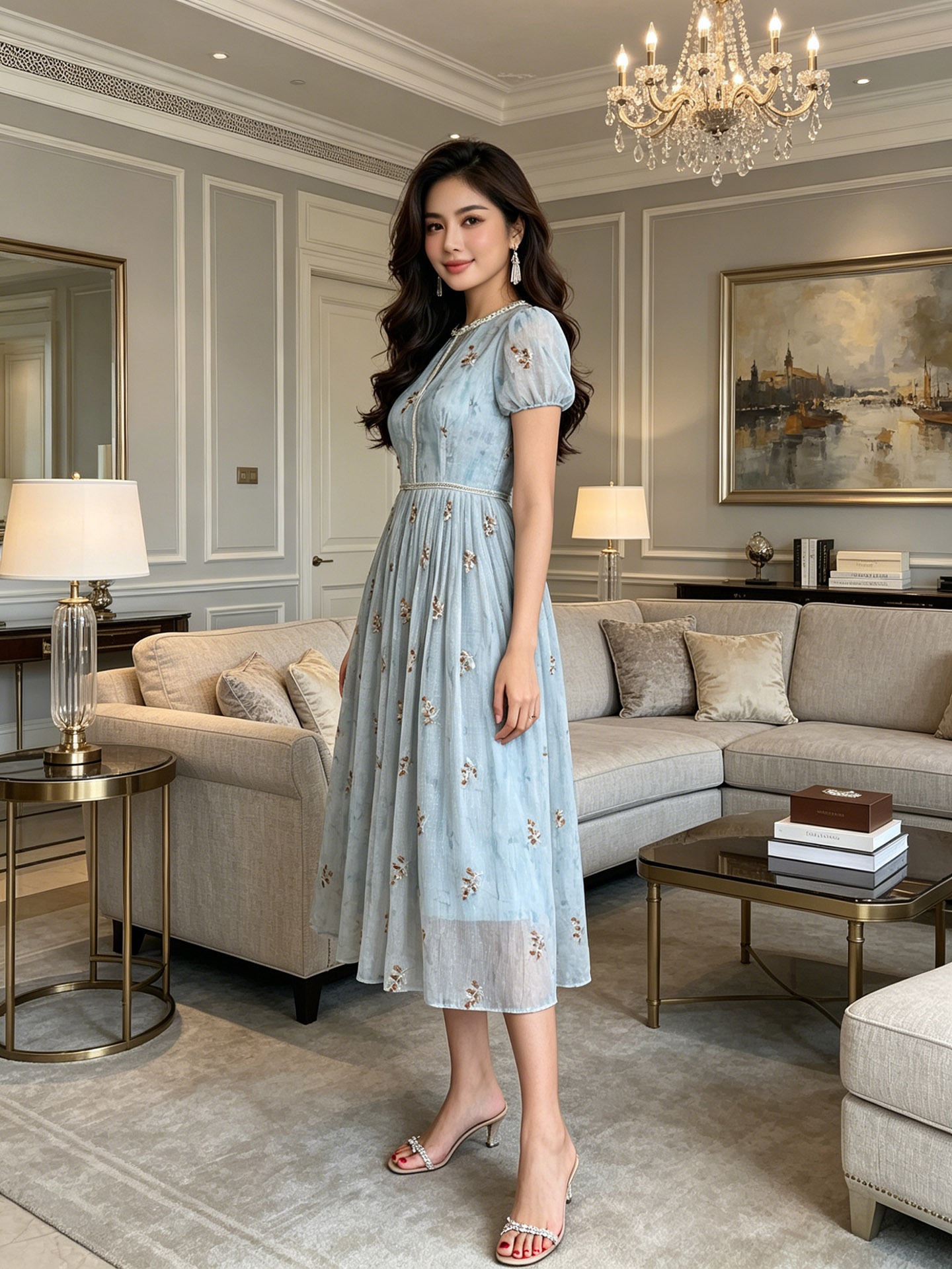 Đầm maxi nữ thắt eo họa tiết hoa nhí phong cách Pháp — Xanh da trờicolor