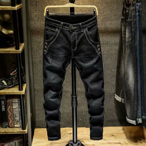 Black denim pants for men, summer slim-fit, spring and autumn skinny pants—men's thin, casual, stretchy, Korean-style trendy trousers.