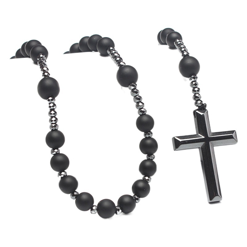 2022 verano nuevo transfronterizo negro natural cuentas redondas cadena larga negro Ball piedra Cruz Rosario collar de los hombres al por mayor