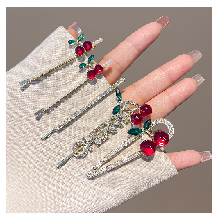 Fashion Inlay Pearl Rhinestone Barrettes Women Bang Clip Cherry Hairpin display picture 1