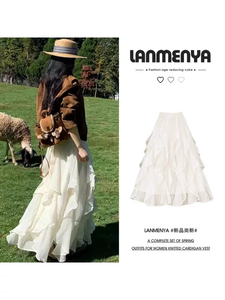 H1393 Apricot Lace Ruffle Skirt for Women 2026 New Autumn Style Asymmetrical A-Line Elegant Fairy Gauze Skirt