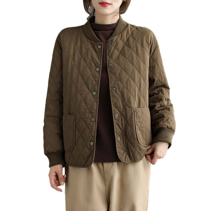2025新款复古文艺冬季棒球领菱格夹棉棉衣宽松休闲棉服外套上衣女|undefined