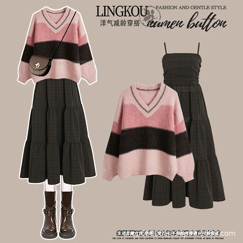 Plus-Size Pear-Shaped Body Shape Outfit for Women in Autumn: Color-Blocking Youthful Knitted Sweater Paired with a Vintage Slimming Slip Dress