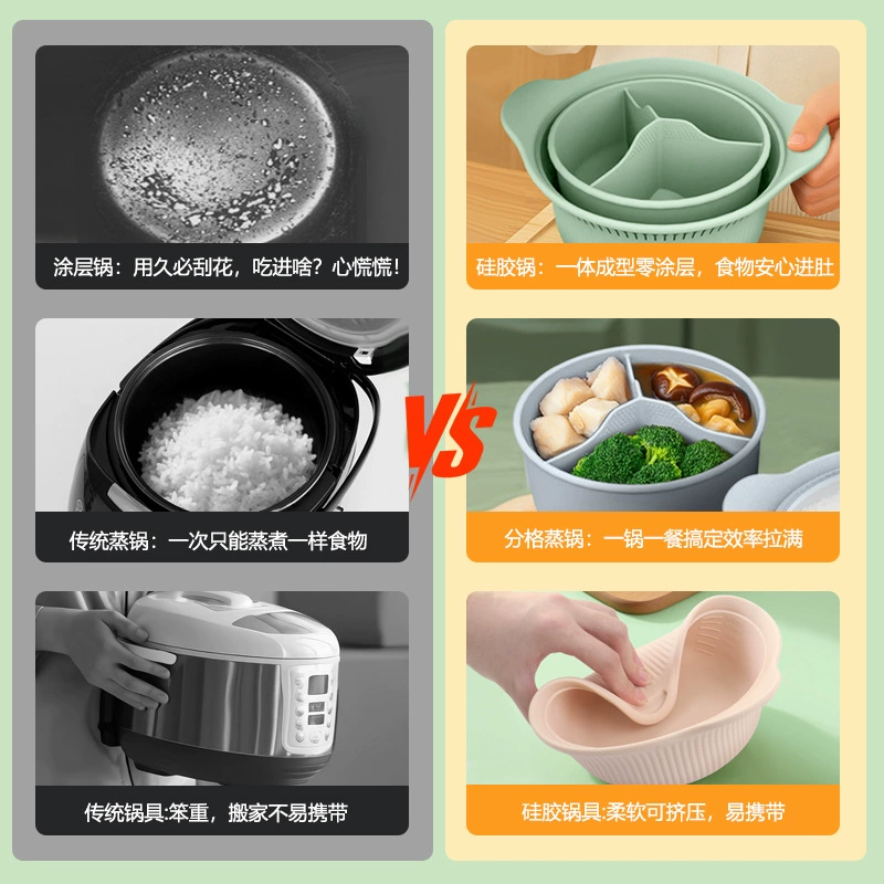 Cross-border silicone steamer double-layer microwave heating steamer rice vegetable heating three-compartment multi-function silicone steamer