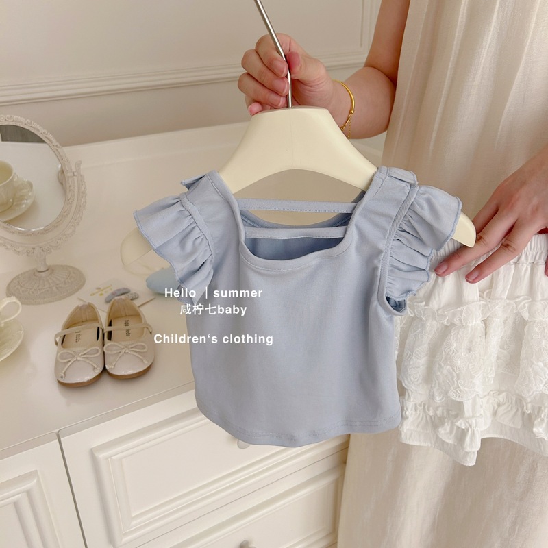 [Xian Ning Qi] 女の子用キャミソール夏子供用甘い蓮の葉襟ノースリーブTシャツ女の子用ファッショナブルな半袖|undefined