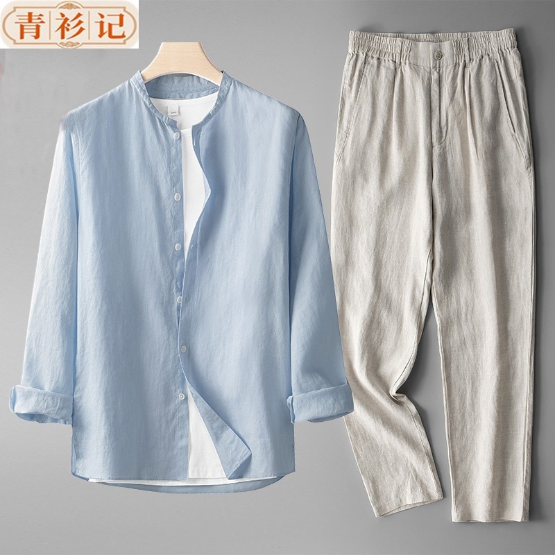 Nuevo conjunto de ropa de lino chino para hombres retro delgado de manga larga estilo chino algodón lino transpirable camisa casual de dos piezas