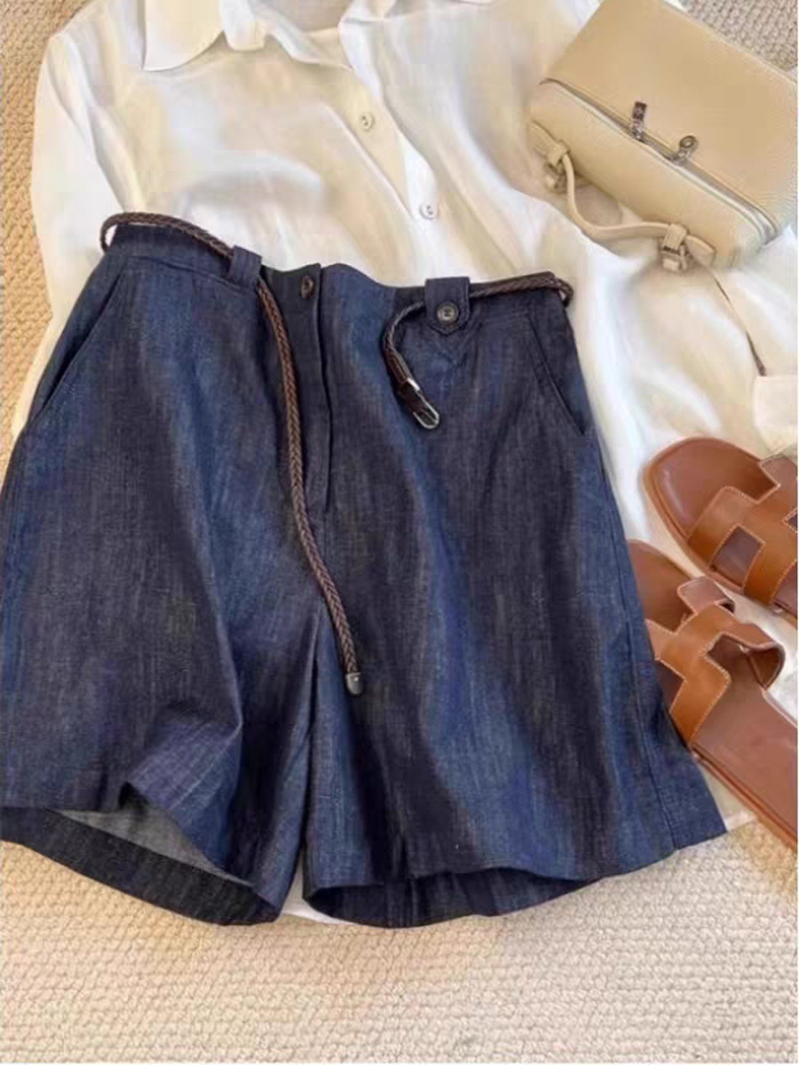 Quần short nữ denim phong cách vintage, dáng rộng thoải mái mùa hè — màu xanh đậm