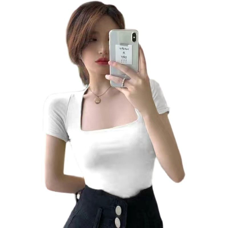 紫フランス独特の方襟tシャツ女性半袖春夏新作セクシー漏れ鎖骨ショートタイプシック上着レトロu