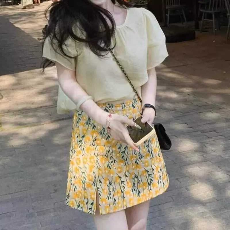 YQGFS#小个子显高穿搭一整套黄色衬衫碎花裙套装女2025新款夏季