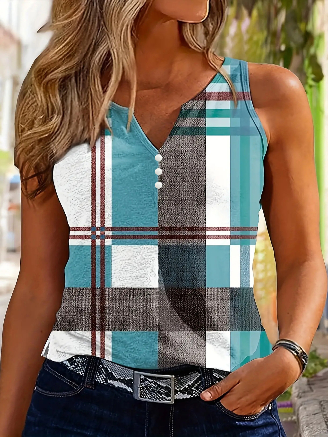 Women's Plaid Print Color-Block Tank Top, Loose Fit Sleeveless Summer Casual Vest, Breathable Milk Silk Blend Fabric_ecoleips.com