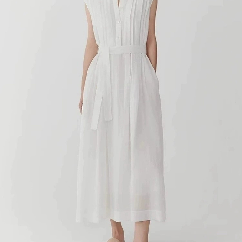 2025 Spring/Summer New Ramie Plain Mid-Length Dress Fashion Casual Waist-Slimming Versatile Long Dress for Women Trendy