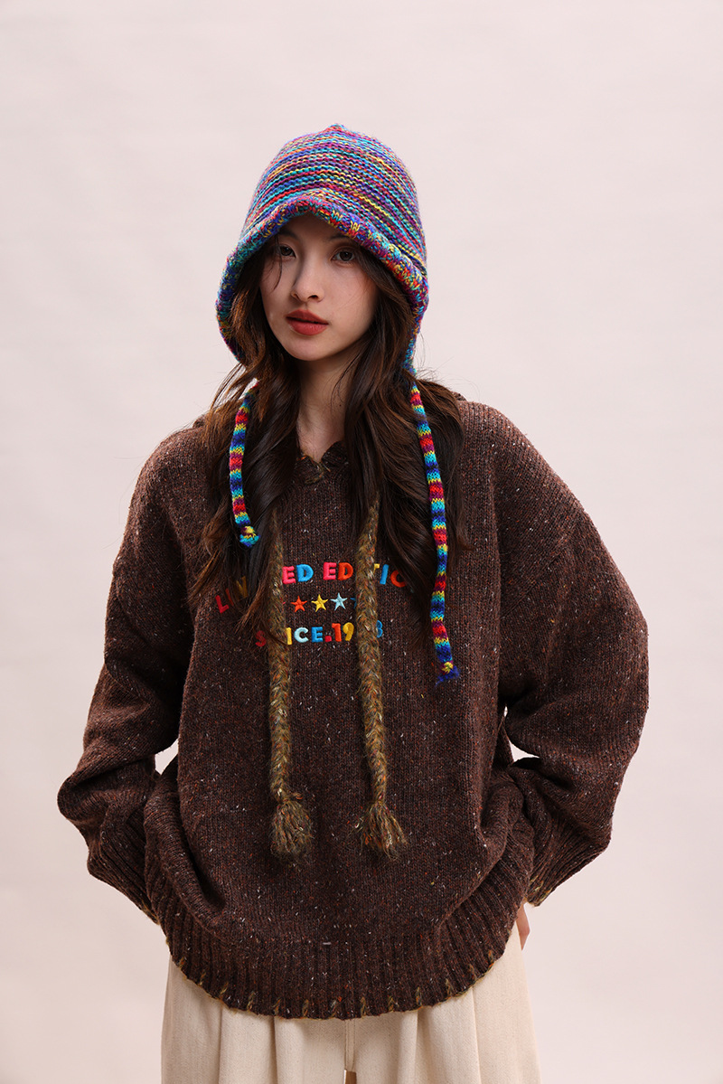 Cappelli di lana autunnali e invernali per bambini, colori arcobaleno a contrasto per mettere in mostra il viso, piccola borsa con testa carina legata con corda_voghion.com