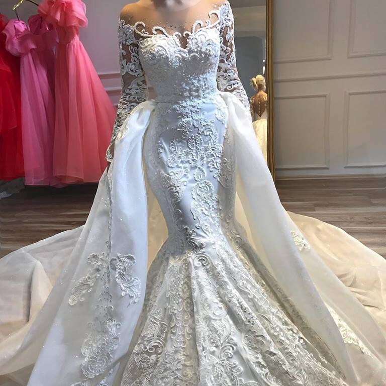 White Mermaid Wedding Dress Detachable Tulle Long-Sleeved Lace Beaded Glittering Long Wedding Dress