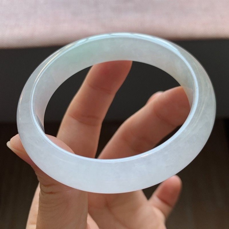 Vòng tay ngọc bích Miến Điện tự nhiên loại băng cao dải dày ánh trăng trắng chi tiết 6