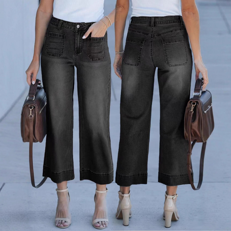 Cross-Border Exclusive New Amazon Independent Station Loose Slimming Wide-Leg Straight Pants Washed Jeans Nine-Point Pants