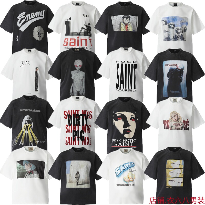 Saint Michael Vintage Beauty Trendy Heavy Washed Retro Loose Cotton Couple Short-Sleeved T-Shirt for Men and Women