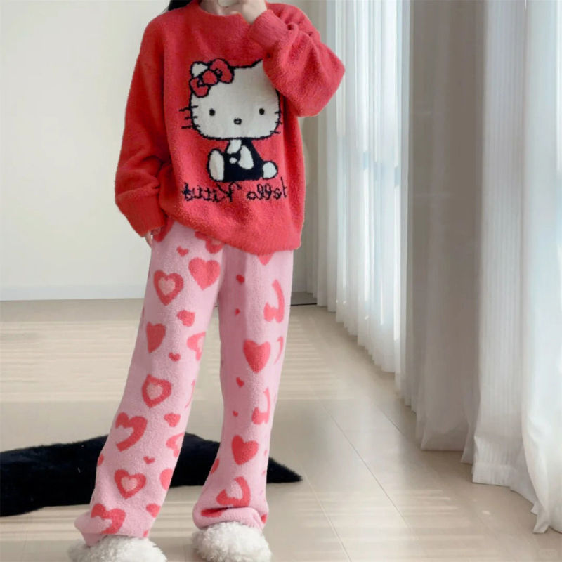 半边绒睡衣女秋冬季新款加绒加厚韩版可爱休闲宽松保暖家居服套装|undefined