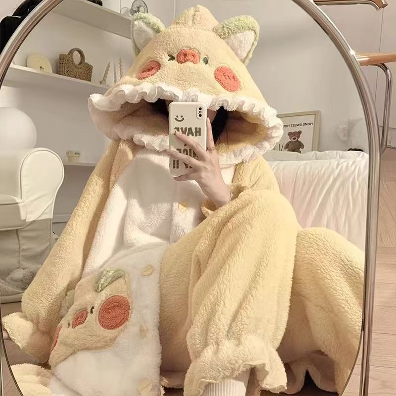 卡皮巴拉  睡袍珊瑚绒冬款睡衣女加厚学生可爱粉猪 大码冬季家居|undefined