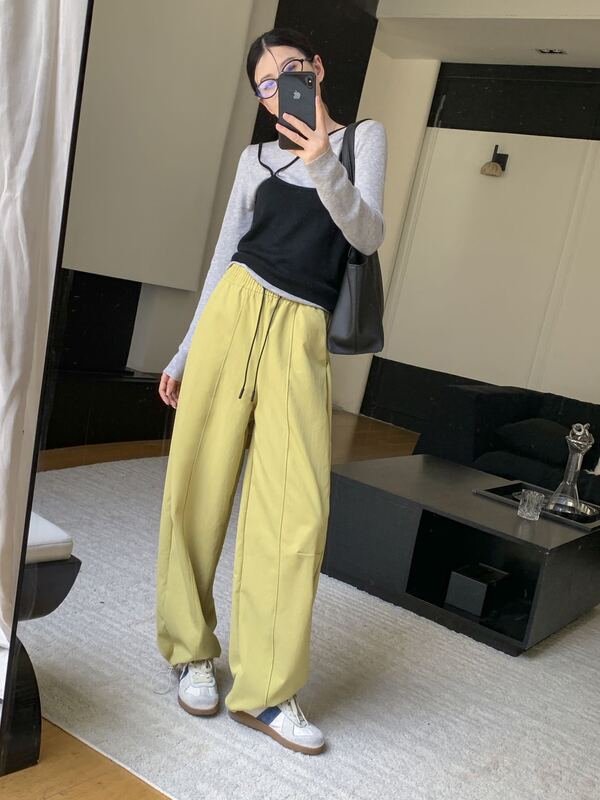 窄版美式香蕉阔腿裤女春秋新款高腰宽松显瘦百搭休闲运动字母卫裤|undefined