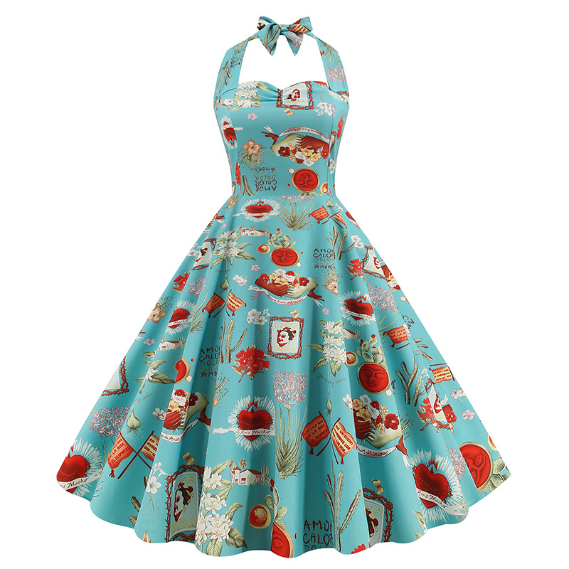 European And American Women's Hepburn Style Puff Skirt Dress Retro Print Halter Neck New 2026 Cross Border Exclusive_ecoleips.com