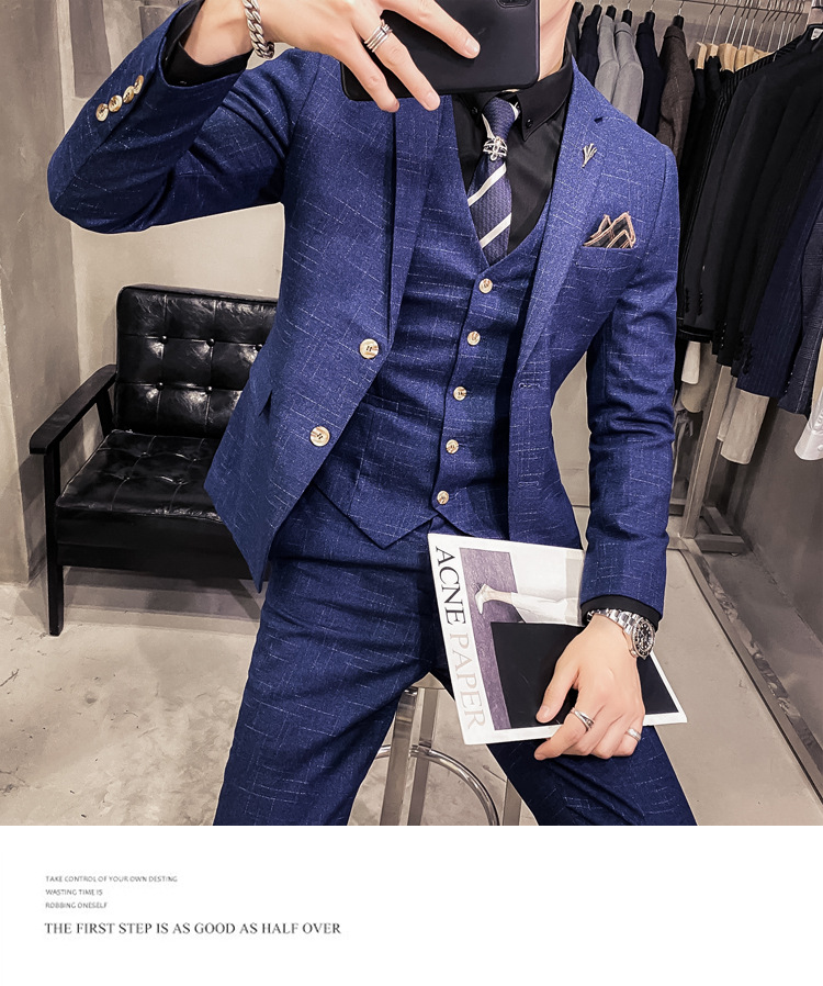 Herrenbekleidung Slim Fit dunkler Muster Herrenanzug mit zwei Knöpfen dreiteiliger Anzug Frühlings- und Herbststil Gentleman Herrenanzug Weste Hose_voghion.com