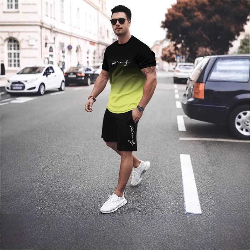 跨境新款风格3D打印渐变字母短袖t恤2件套夏季男士休闲运动套装夏