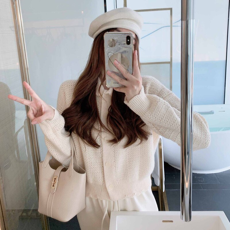 You/Soft Heart Cake Color Spun Alpaca Doll Collar Sweater Cardigan Short Knitted Top Women's Winter New Style