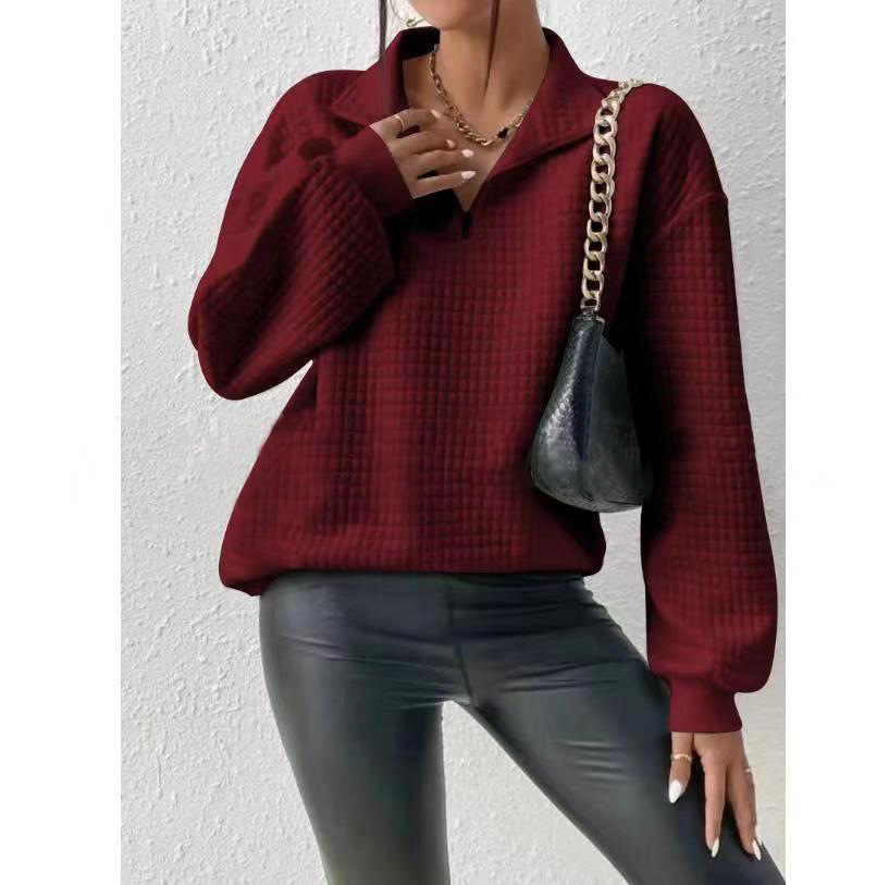 2023 de Europa y América otoño popular cómodo waffle color sólido stand collar cremallera manga larga costura suéter las mujeres