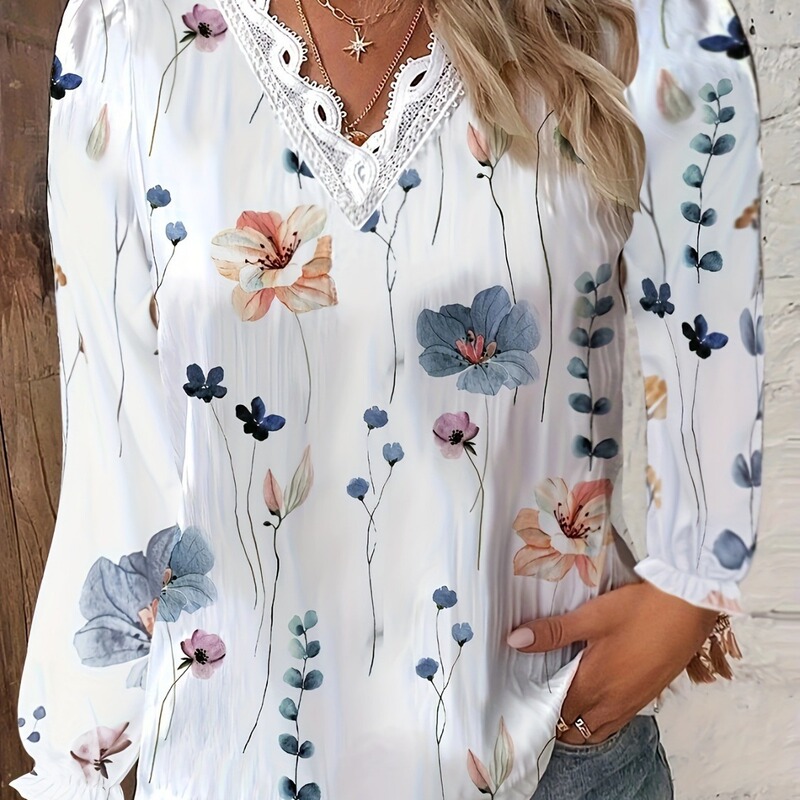 European and American cross-border autumn new long sleeve V-neck lace stitching shirt shirt for women