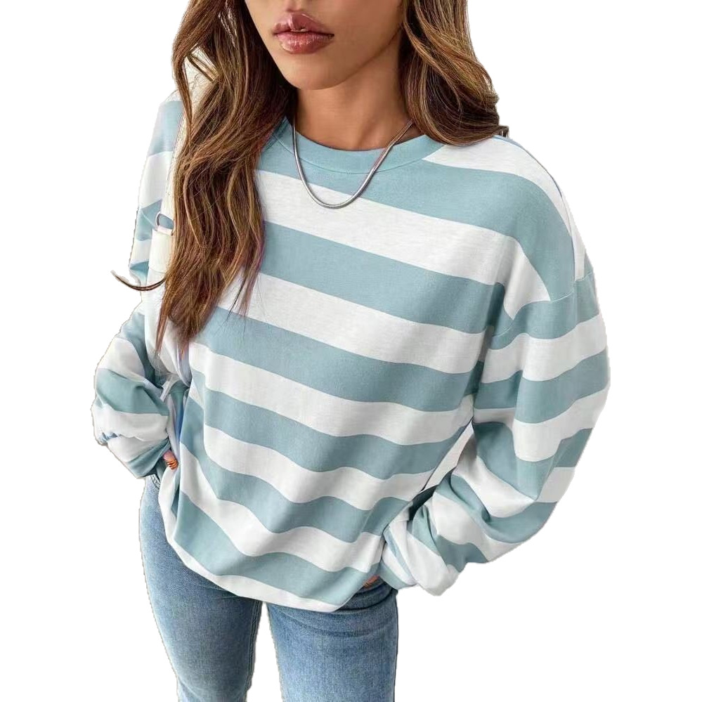 's New Cross-border Loose Striped Long-sleeve T-shirt For Women, Korean Style Versatile Top_ecoleips.com