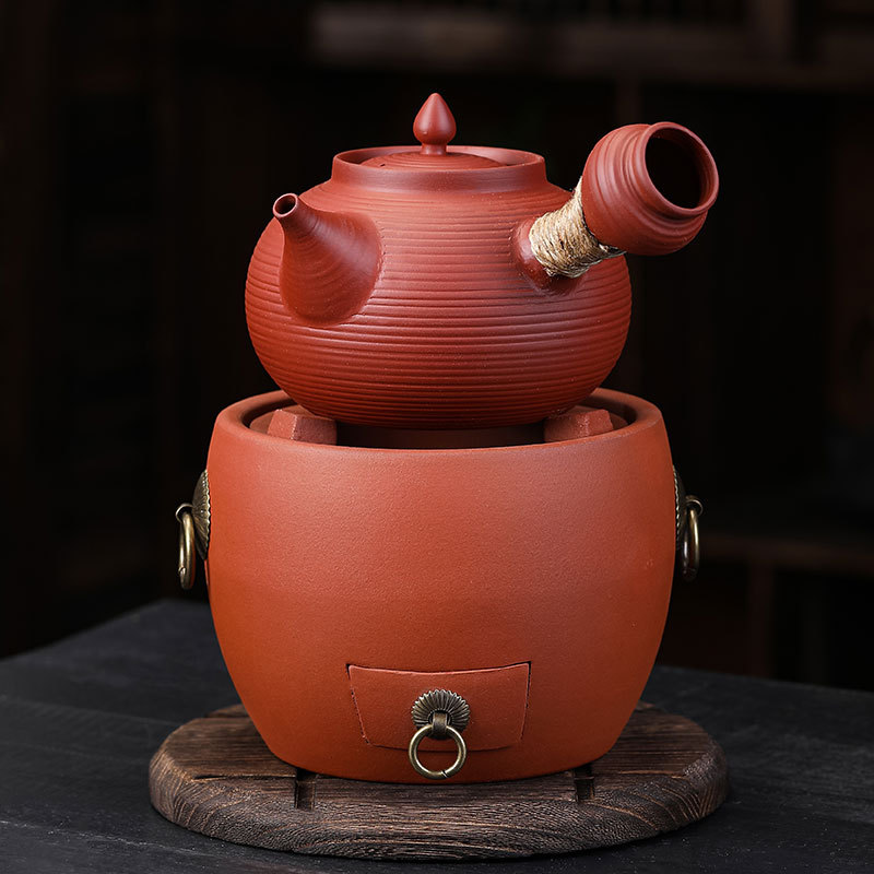 手工薄锅子泡茶砂铫侧把跳盖壶家用粗陶户外炭炉煮茶器围炉烧水壶