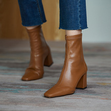 法式棕色靴子显瘦复古短靴女秋冬季中筒方头瘦瘦靴粗跟高跟弹力靴