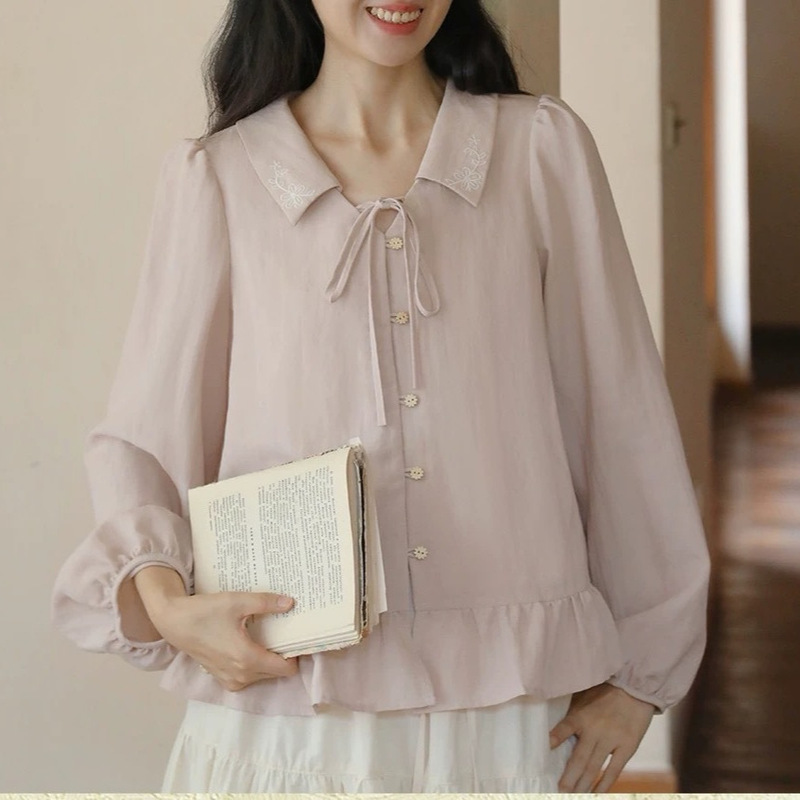 Nesoulum Peach Pink Embroidered Lace-Up Hem Ruffle Design Long-Sleeved Shirt Women's Autumn Retro Loose Top