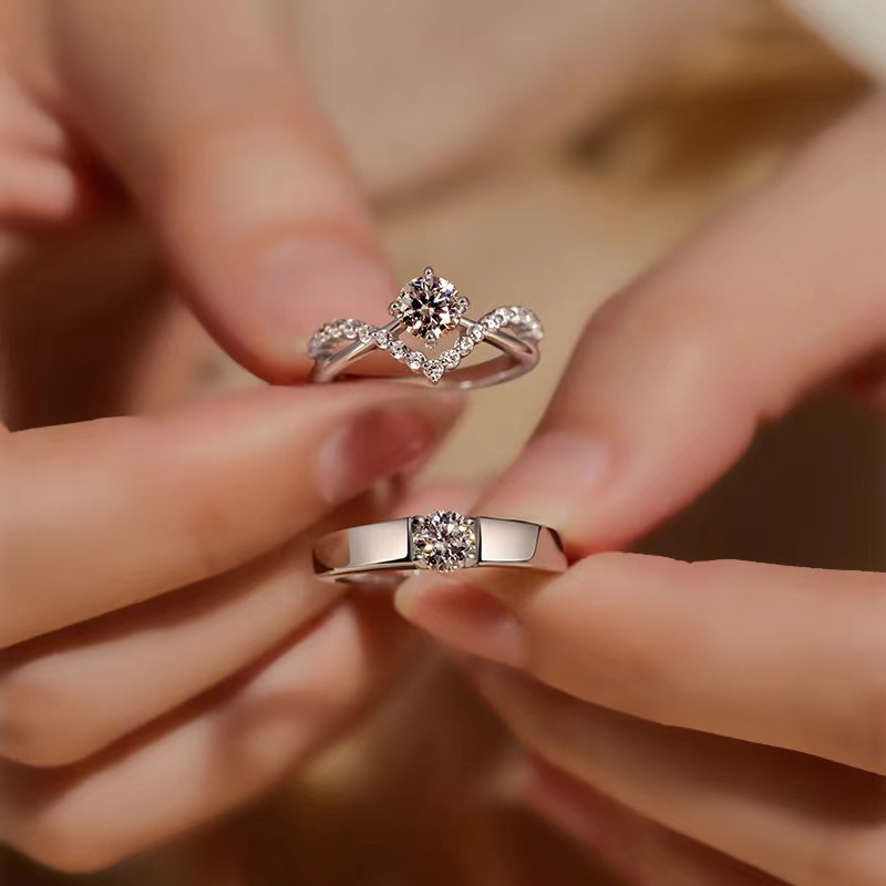 (2개) 시뮬레이션 MOISSANITE 다이아몬드 반지 커플 결혼 반지 시뮬레이션 다이아몬드 제안 결혼식 가짜 반지