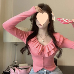 One-length off-shoulder red ruffle sweater knitted sweater for women in spring and autumn unique and beautiful base two-wear short top