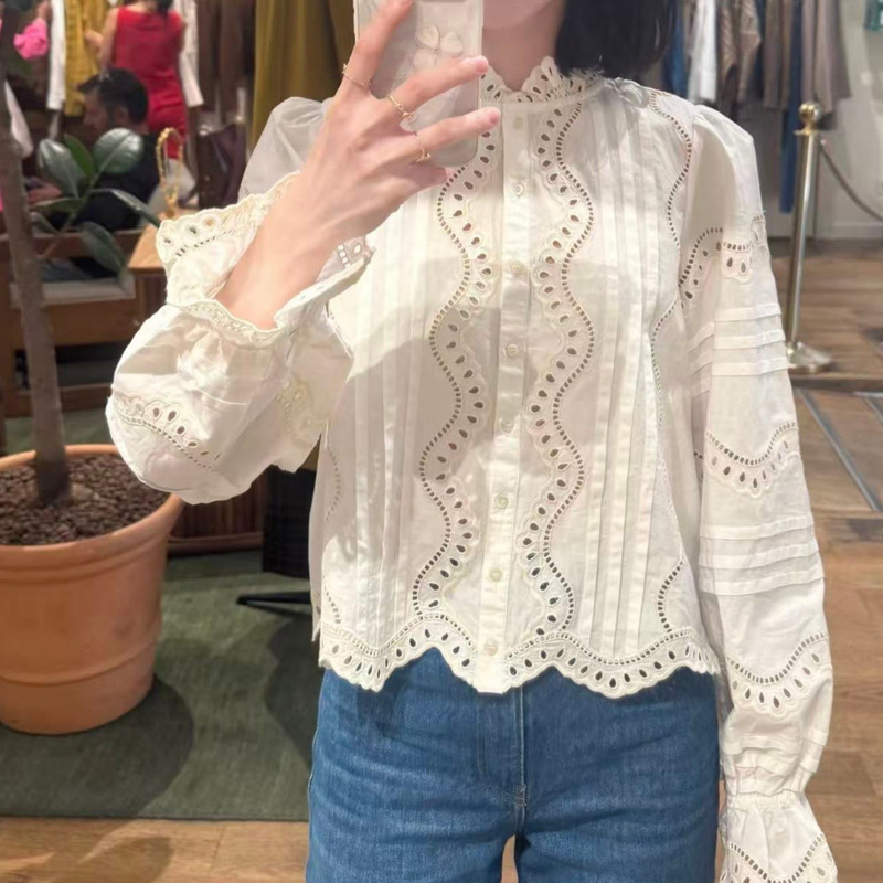 2025 New Autumn and Winter French White Embroidered Wave Pattern Cut Out Shirt Lace Stand Collar Short Long-Sleeved Top for Women