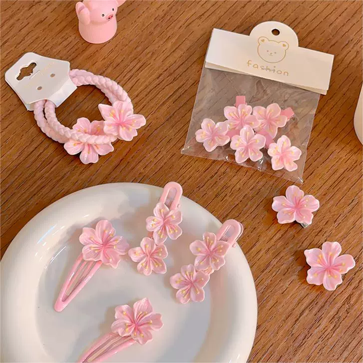 Аксессуары для волос: клипсы с цветами вишни и резинки, оттенок фуксии Sakura