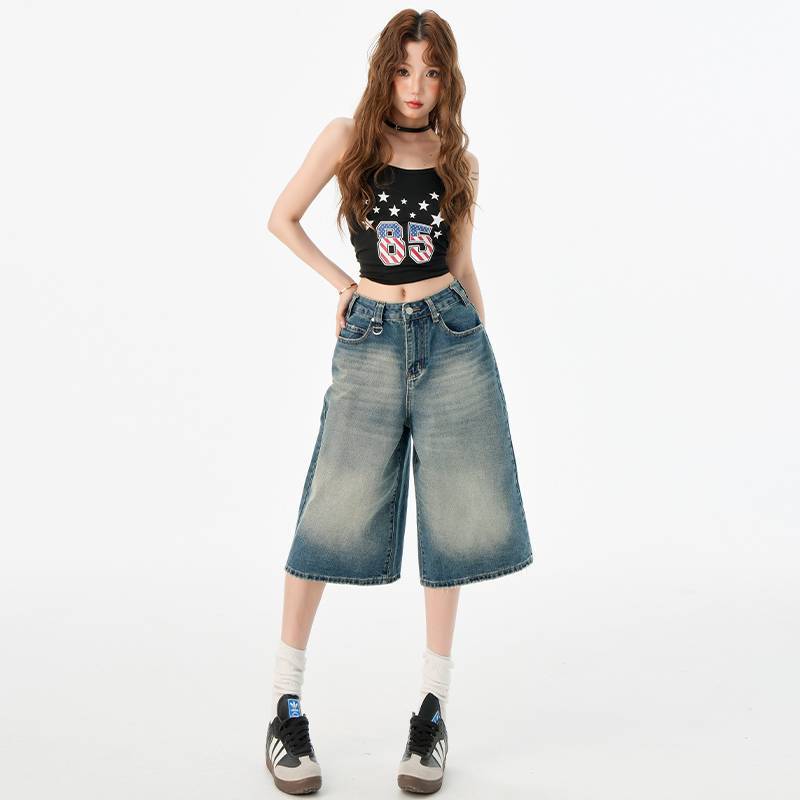 Wholesale American Retro Washed High-Waisted Loose Wide-Leg Versatile Straight-Leg Jeans for Women Cropped Pants