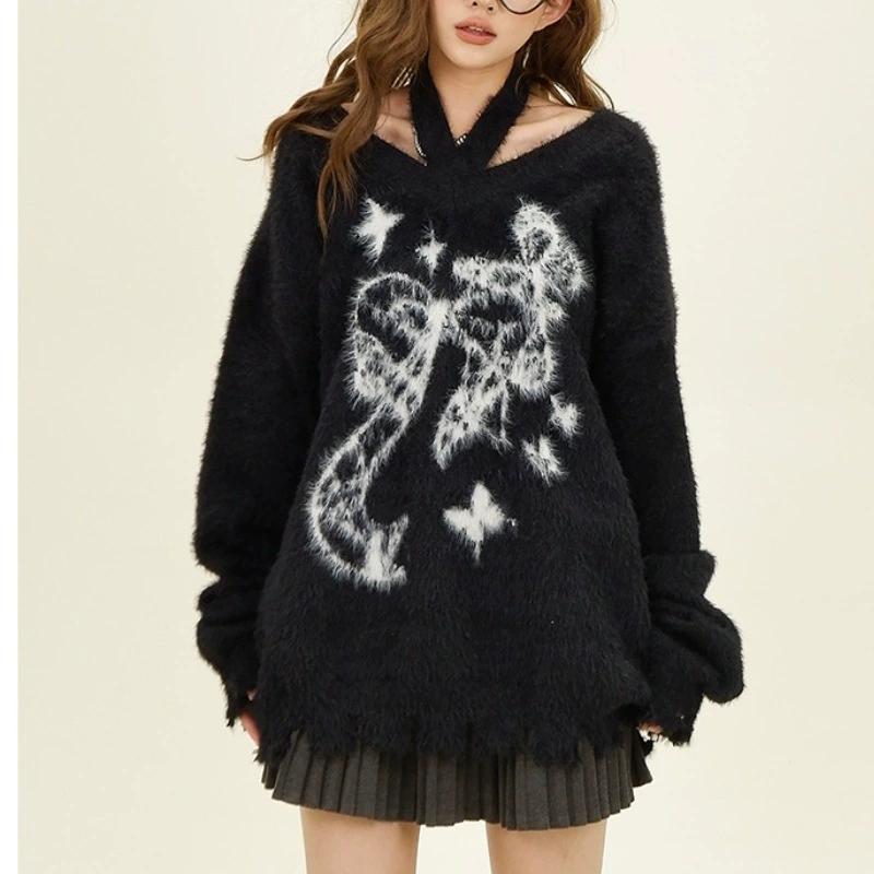 Oversized Velvet Knitted Sweater, Artificial Fur, American Style, Demi-Season, One Size