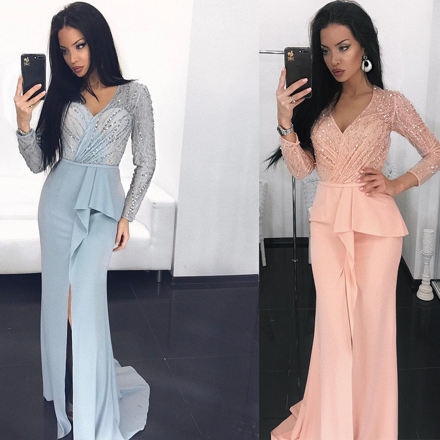 Primavera y verano nuevo lentejuelas de lentejuelas Vestido de manga larga encaje largo split sexy vaina vestido de noche