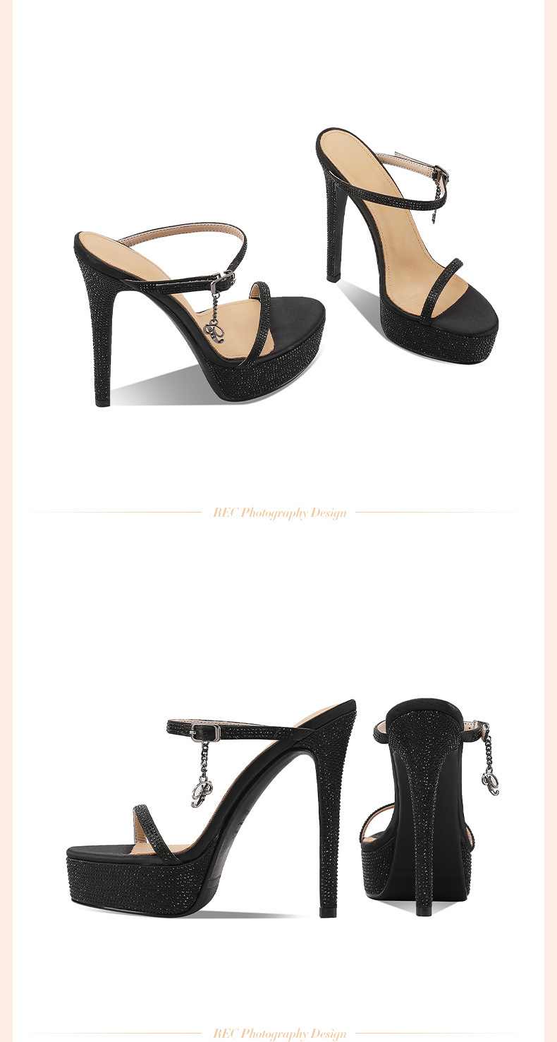 Sandal cao gót nữ hở mũi da thật đế platform đính đá gót 13 cm — Màu rượu sâm banh (13cm) chi tiết 15