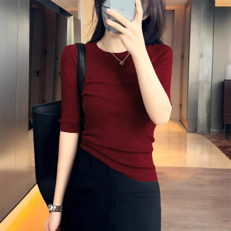 日常简约圆领短袖上衣女装夏季新款时尚修身五分袖气质针织打底衫|undefined