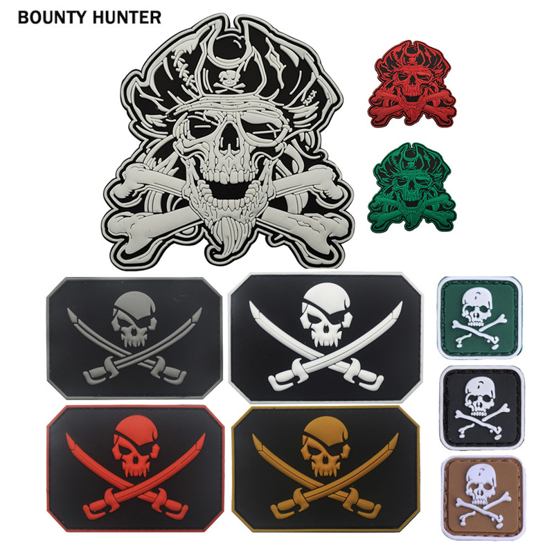 跨境货源海盗船长杰克软胶PVC臂章徽章夜光魔术贴骷髅头军事