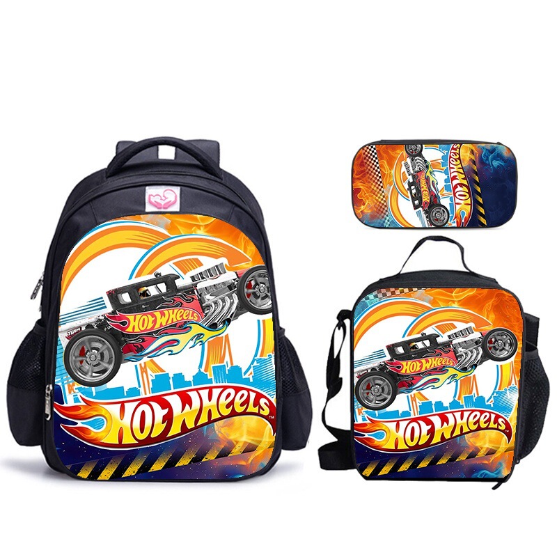 Cross-border best-selling trendy flame-themed school bag three-piece set for children: backpack, pencil case, and lunch bag