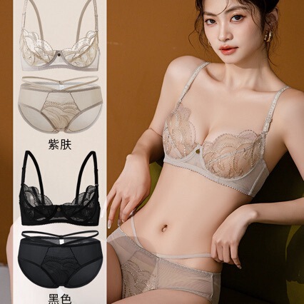 2026 New Lace Sexy Lingerie Set, Large Bust Minimizing, Lightweight, Cross-Border, with Chest Pads, Quality Version Bra Set