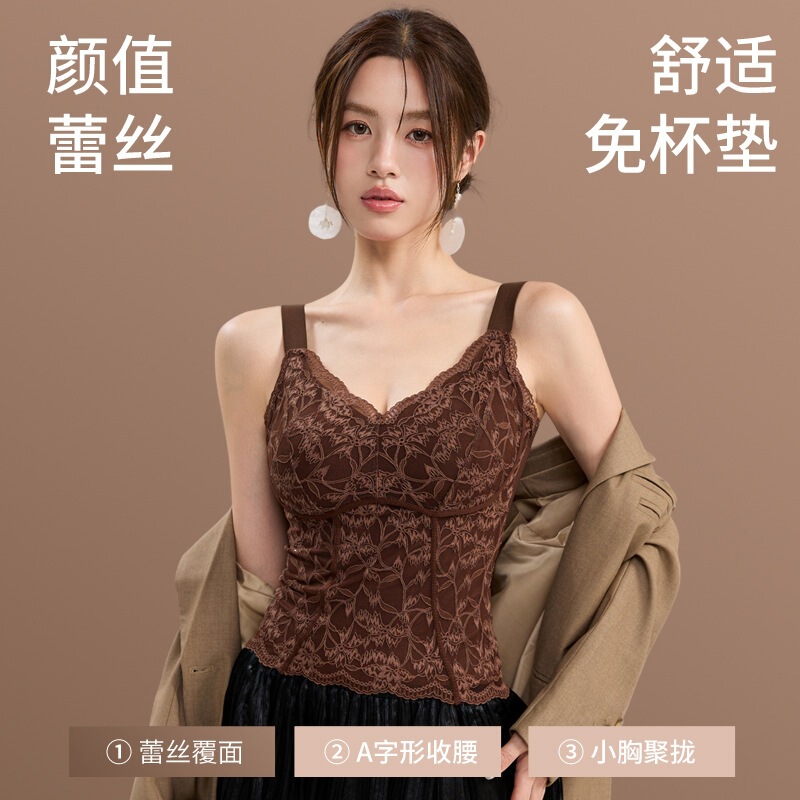 New autumn and winter V-neck lace thermal vest for women with built-in chest pads, seamless base layer camisole top