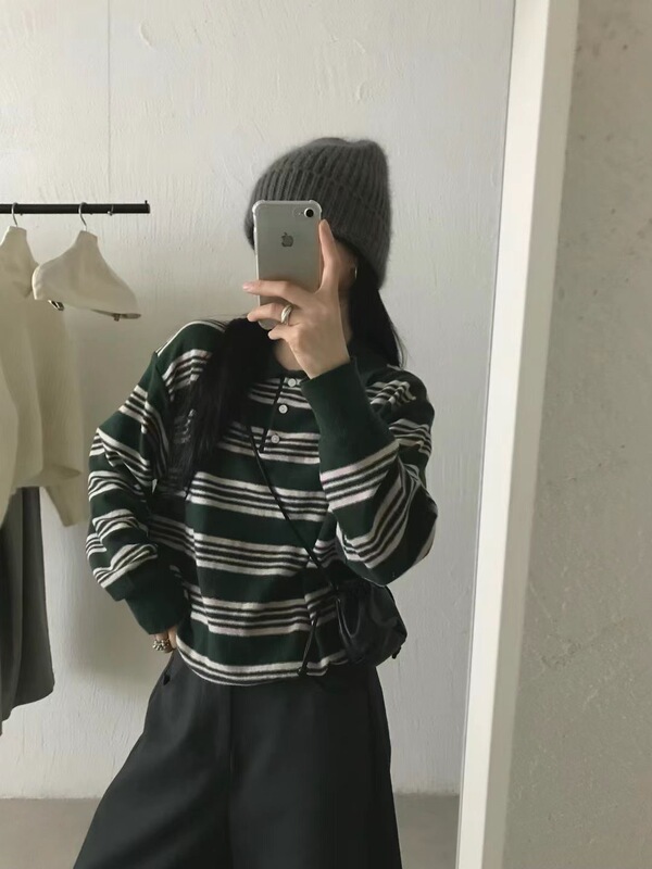 复古条纹polo翻领半口针织衫上衣女秋冬新款宽松显示百搭韩系毛衣|undefined