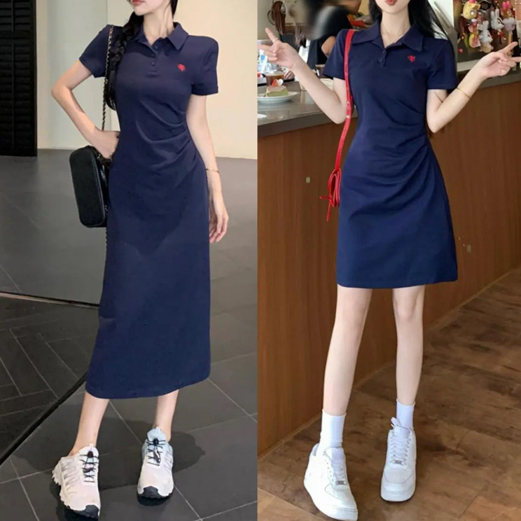 2025 New Summer Polo Collar Embroidered Dress Women's Summer Elegant Waist Slimming Look Short-Sleeved Long Hip-Hugging Skirt