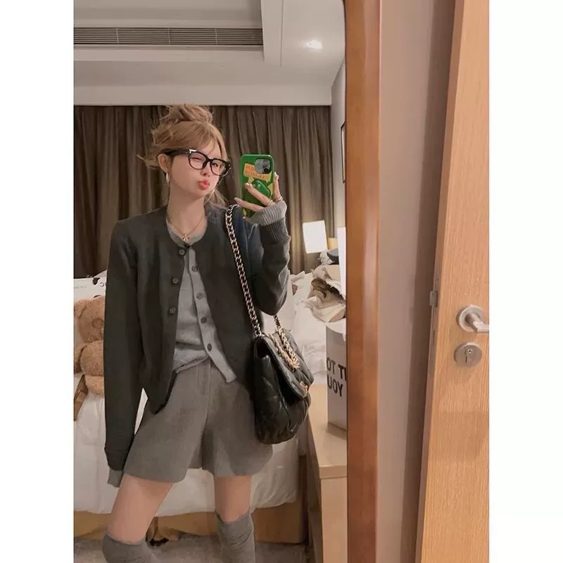 Свитер, осенний набор с круглыми воротом, кардиган, премиум-класс,Slim fit